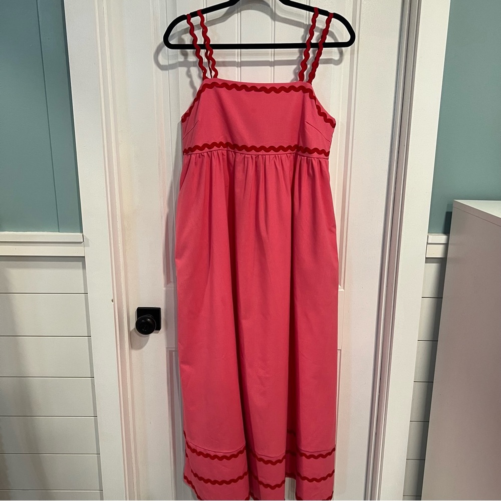 TCEC Pink Pleated Midi Dress Featuring Wide Red Rick Rack Trim. Size Large.